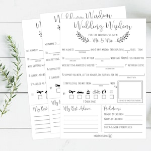 Mad libs Wedding Wisdom Printable Cards, Rustic Elegant Bride & Groom Advice Cards, Bridal Shower Wedding Games, DIY Instant PDF Download
