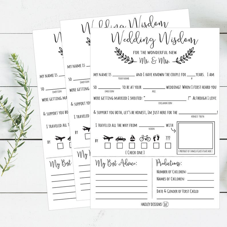 Mad libs Wedding Wisdom Printable Cards, Rustic Elegant Bride & Groom Advice Cards, Bridal Shower Wedding Games, DIY Instant PDF Download 