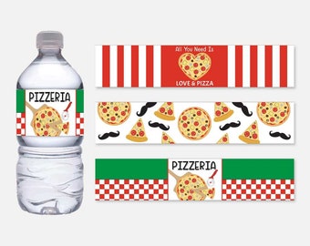 May include: Water bottle labels with a pizza theme. The labels feature red and white stripes, a heart with a pizza inside, and a pizza with the text "All You Need Is Love & Pizza". There are also labels with a green and white checkered pattern and the text "Pizzeria".