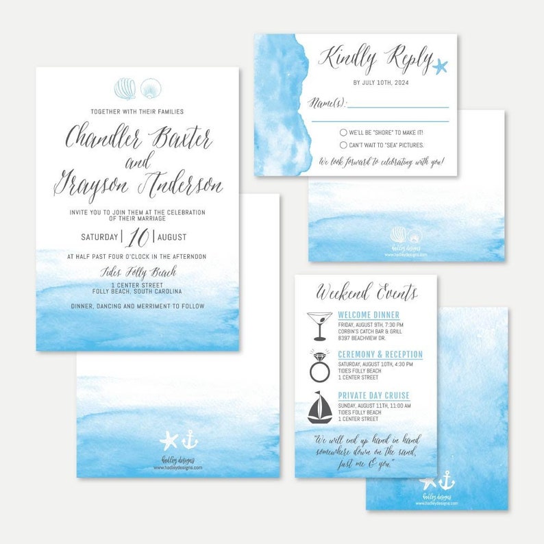 Beach Wave Wedding Invitation Rsvp And Details Set Templates Etsy