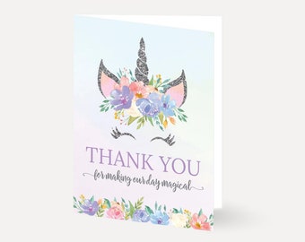 Silver Glitter Unicorn Baby Shower Thank You Card Template - DIY Thank You Card Template, Thank You Card Photo, Editable Thank Card Template
