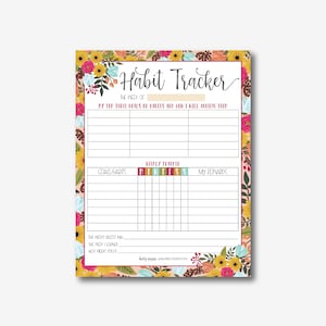 May include: A printable habit tracker with a floral design. The tracker includes sections for goals, habits, weekly tracking, and rewards. The text on the tracker reads "Habit Tracker", "The Week of", "My Top Three Goals or Habits and How I Will Achieve Them", "Goals/Habits", "Weekly Tracker", "M T W T F S S", "My Rewards", "This Week's Biggest Win", "This Week Learned", "Next Week's Focus", "Pretty Designs www.prettydesigns.com".