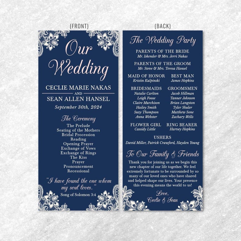 Free Printable Wedding Program Template Lace Navy
