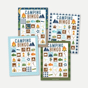 Cartões de bingo de acampamento para impressão, jogo de floresta para chá de bebê, modelo de atividades de acampamento de verão na natureza para crianças, ideia de festa de aniversário de cabine DIY