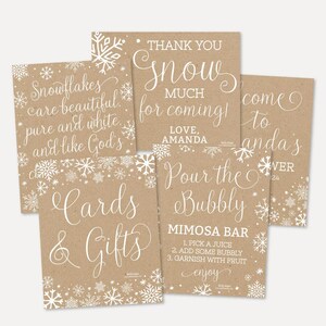 Kleine sneeuwvlok baby shower borden set sjablonen - Mimosa Bar, welkom, baby's zijn lief Neem een traktatie, kaarten en geschenken, op maat