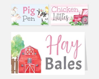 Watercolor Girl Farm Kids Party Food Tent Cards Template - Food Place Cards, Food Tent Card Template, Buffet Cards Template, Digital