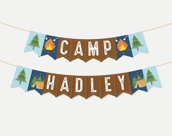 Family Camping Banner Printable, Backyard Campout Flag Pennant Decoration Template, Editable Letters, Summer Camp Garland Kit, S'mores Party