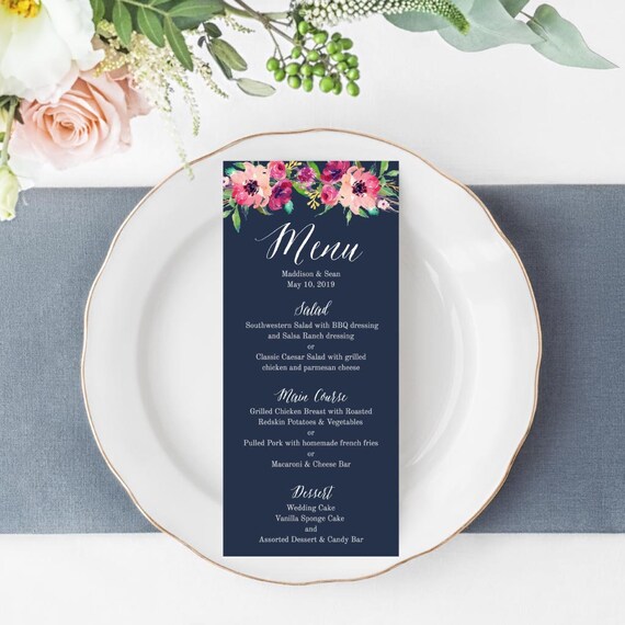 Wedding Menu Printable Wedding Dinner Menu Template Diy Etsy