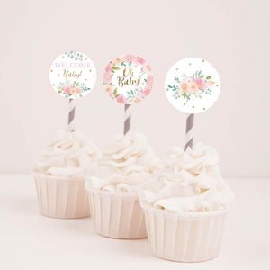 Pink Pastel Floral Baby Shower Cupcake Toppers Template -Baby Shower Cupcake Decorations, DIY Printable Cupcake Topper, Party Cupcake Topper