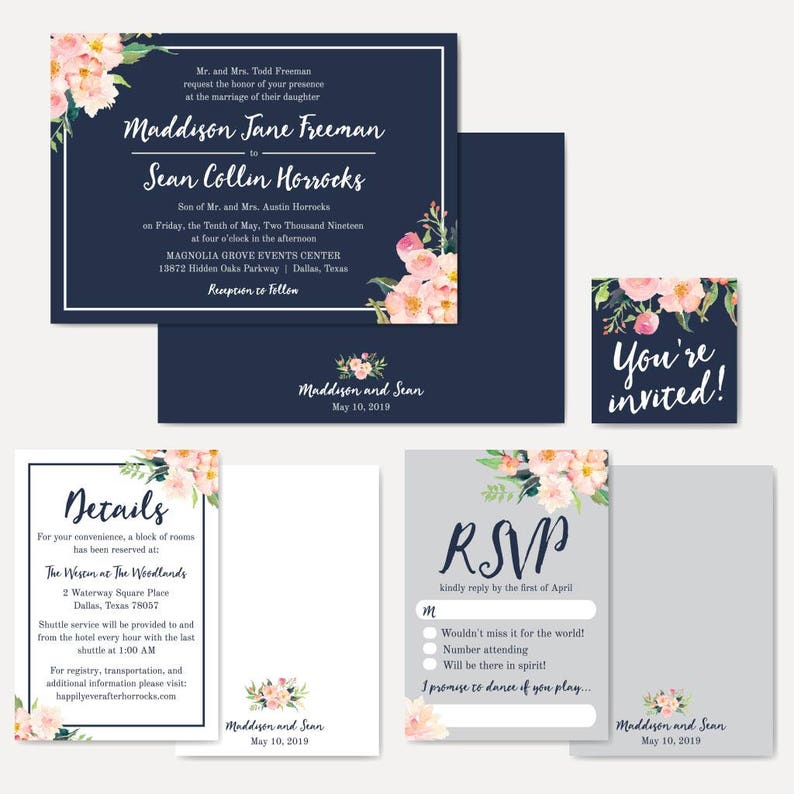 Navy Blue and Blush Floral Wedding Invitation Suite, Online Wedding Invite Template, Affordable Wedding Invitation Package, Hadley Designs image 1