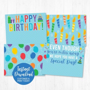 May include: Four printable birthday cards with a blue background and colorful designs. The cards feature balloons, candles, and the text "HAPPY BIRTHDAY!" and "EVEN THOUGH YOU'RE MILES AWAY... WE HOPE YOU HAVE A SPECIAL DAY!"