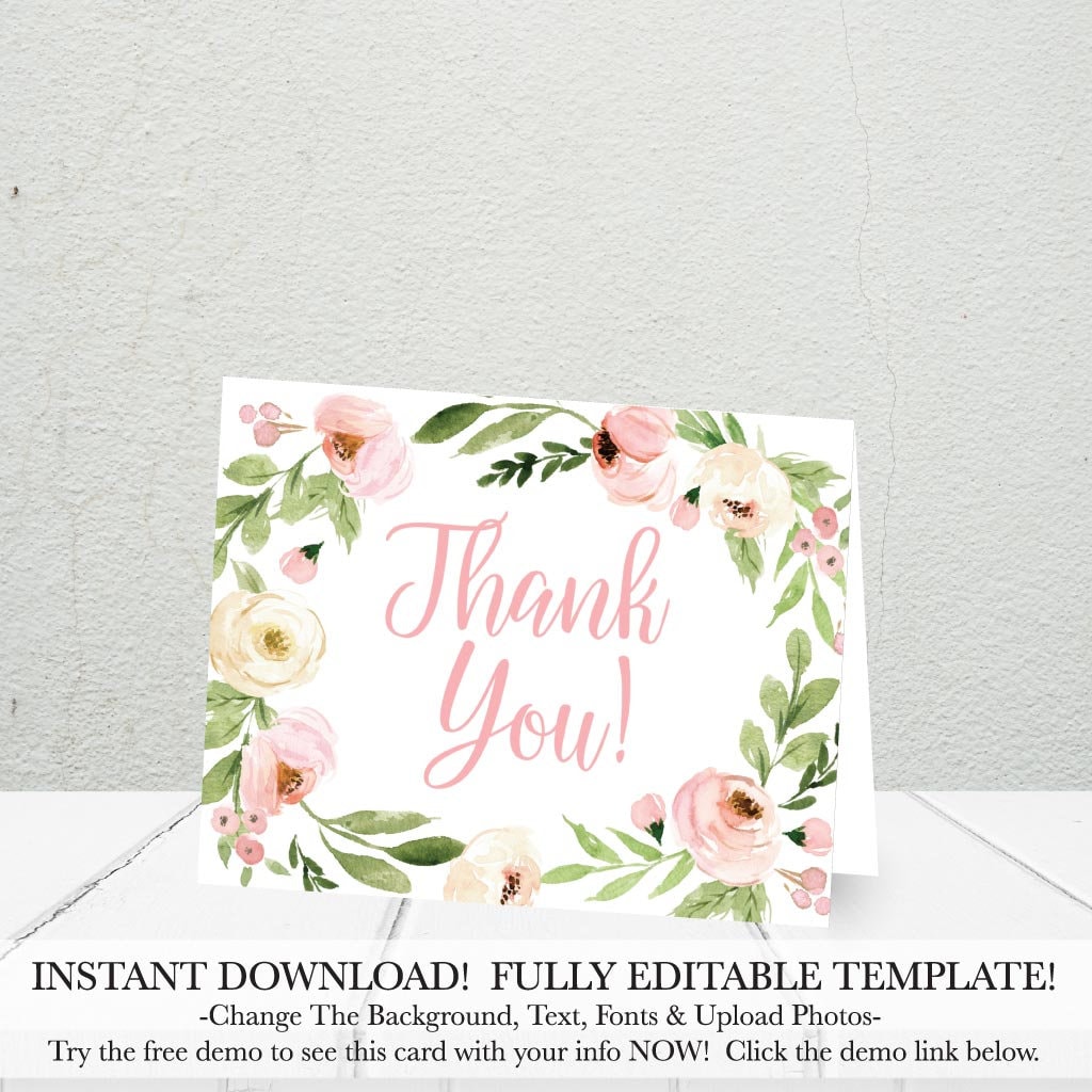 Pink Watercolor Floral Wreath Thank You Card Printable, Thank You Cards ...