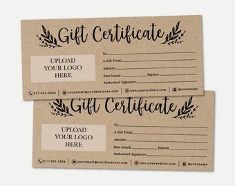 Plantilla de certificado de regalo Kraft -Certificado de regalo imprimible PDF, tarjeta de regalo imprimible, plantilla de certificado de regalo, plantilla de tarjeta de regalo