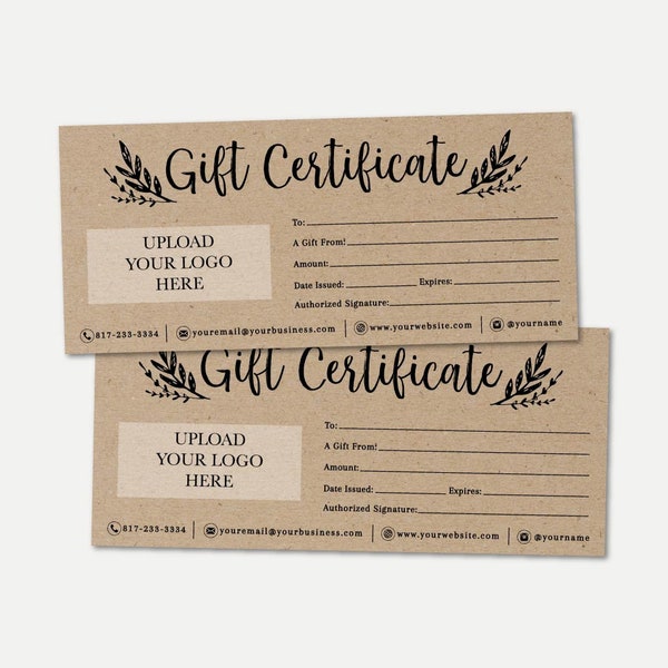 Kraft Gift Certificate Template -Printable Gift Certificate PDF, Printable Gift Card, Gift Certificate Template, GiftCard Template