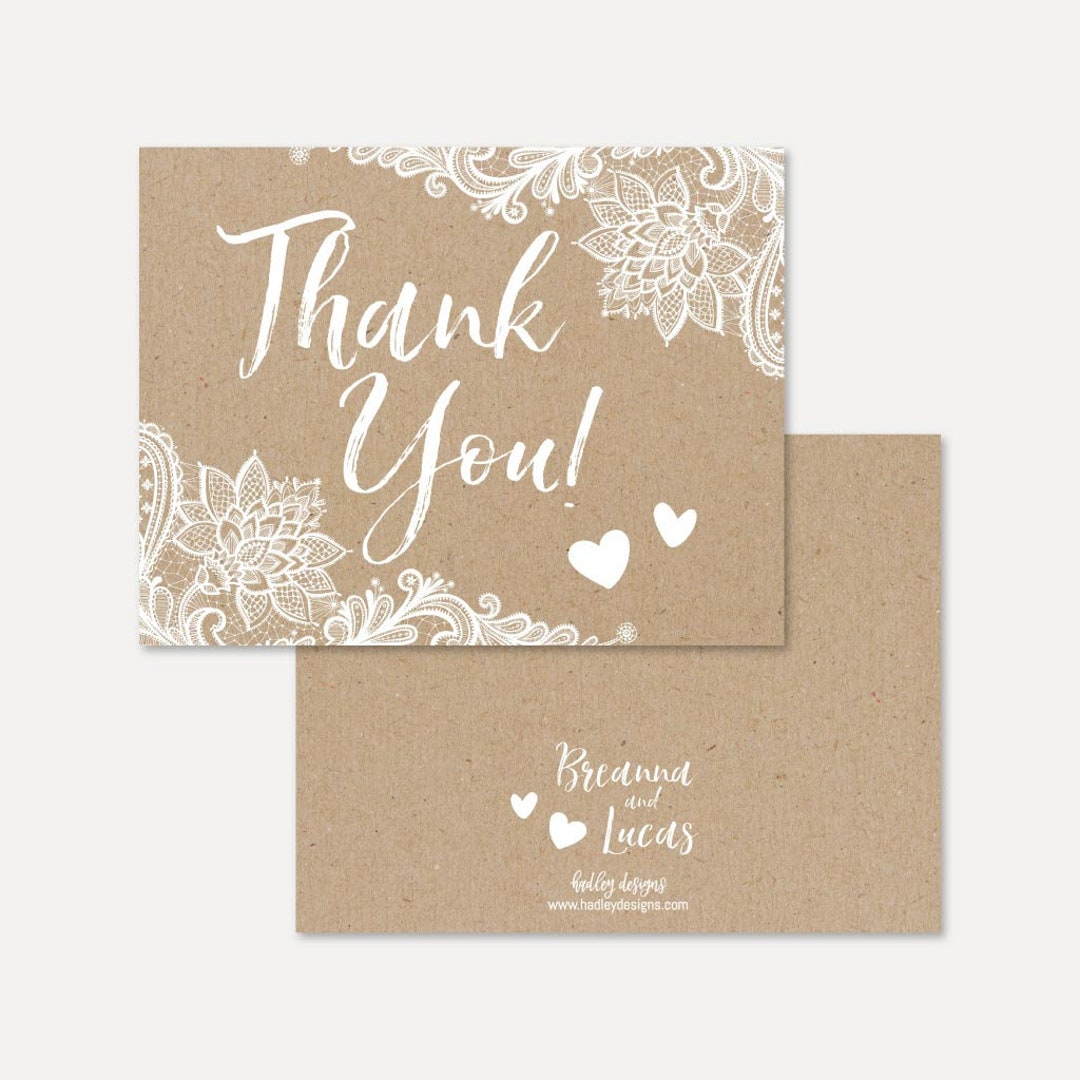 Kraft Lace Rustic Wedding Thank You Card Template - Bulk, Editable ...
