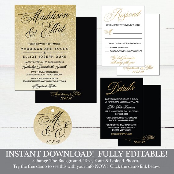 Black White and Gold Glitter Wedding Invitation Set, Glitter Sparkly Shimmery Printable Invite Suite, DIY Editable Instant Download Set PDF