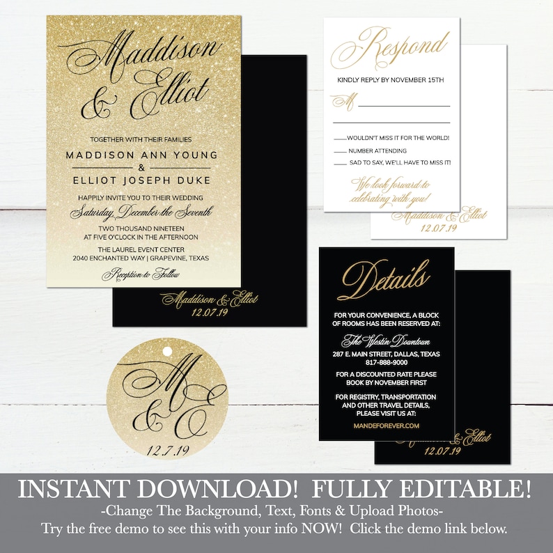 May include: Gold glitter wedding invitation suite with black accents. The invitation features the couple's names, "Maddison & Elliot", and the wedding date, "December the Seventh, Two Thousand Nineteen". The RSVP card includes the text "Respond Kindly Reply by November 15th" and the details card includes the text "Details For Your Convenience, A Block of Rooms Has Been Reserved At: The Westin Downtown 287 E. Main Street, Dallas, Texas 817-888-9000".