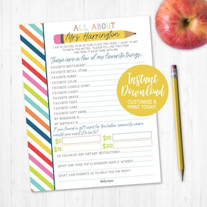 Get To know You Fragebogen, Getting to know You Druckbar, Lehrer Brief Geschenk, Lehrer Wunschliste, druckbare Geschenk Letter für Lehrer