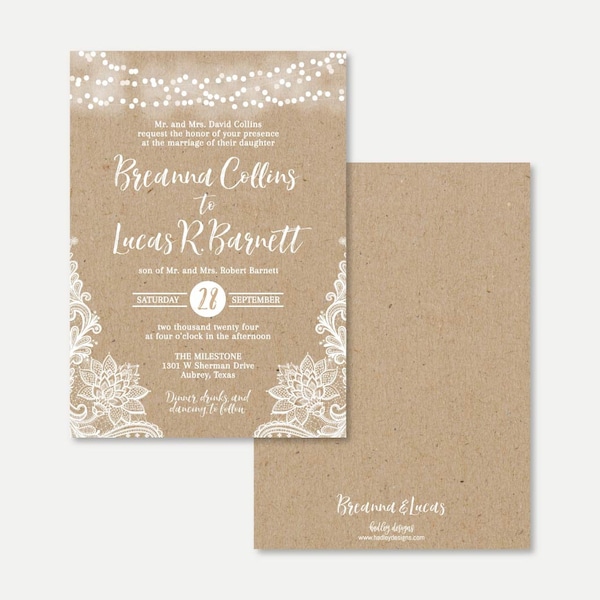 Kraft Lace Rustic Wedding Invitation Template - Bohemian Wedding Invitation, Rustic Invitation, Printable Invitations Template, Designs