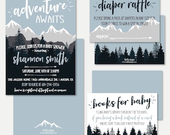 Plantilla de suite de invitación para baby shower de Adventure Mountain: paquete de invitación para ducha, paquete, conjunto de invitaciones, invitación, solicitud de rifa