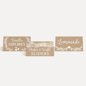 Kraft et blanc Floral Baby Shower Food Tent Cards Template - Carte de tente de nourriture Téléchargement instantané, Buffet modifiable, Décoration de fête imprimable