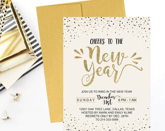 New Year's Eve Party Invitation Template, Gold Cheers To The New Year Holiday Printable Invite, Editable Text Instant Download Invite PDF