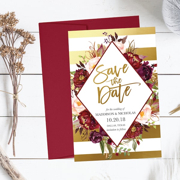 Printable Wedding Save The Date Cards Editable Template, Gold Destination Modern Floral PDF DIY Save-The-Date Invitation Instant Download,