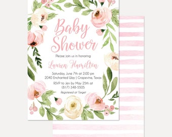 Pink Watercolor Floral Wreath Baby Shower Invitation, Baby Shower Invitation Template, Digital Download, Printable Baby Shower Invitation