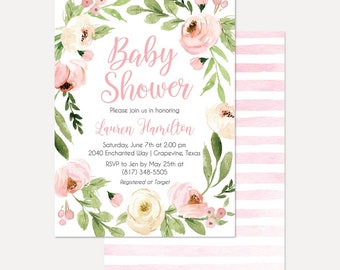 Roze aquarel bloemenkrans baby shower uitnodiging, baby shower uitnodiging sjabloon, digitale download, afdrukbare baby shower uitnodiging