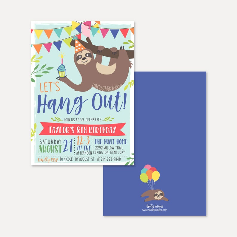 Sloth Kids Party Invitation Template Kids Birthday Invites - Etsy