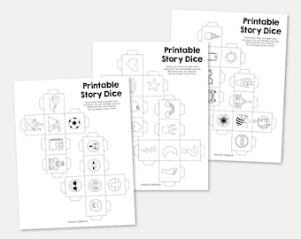Pode incluir: Três modelos de dados de história imprimíveis. Cada modelo apresenta um conjunto diferente de seis imagens, incluindo um coração, uma estrela, um arco-íris, uma coroa, um raio e um ponto de interrogação. O texto "Printable Story Dice" aparece no topo de cada modelo.