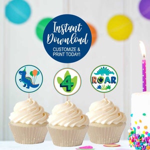 Party Toppers, Dinosaurier Geburtstagsparty, druckbare Toppers, personalisierte Cupcake Topper bearbeitbar, Dinosaurier Cupcake Toppers bedruckbar,