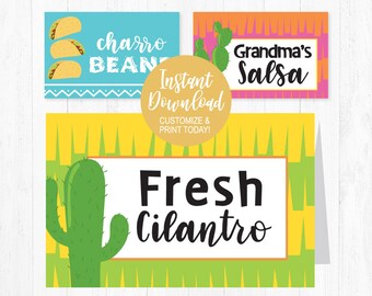 Editable Taco Tuesday Food Place Cards, Printable Fiesta Food Name Cards for Table Decorations, Mexican Food Labels, Birthday Buffet Cards