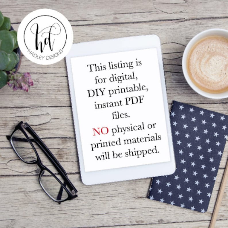 Puede incluir: Una tableta blanca con un mensaje de texto que dice: "Esta lista es para digital, imprimible en casa, archivos PDF instant&aacute;neos. NO se enviar&aacute;n materiales f&iacute;sicos o impresos."