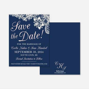 Elegante Navy und Blush Spitze Hochzeit Save The Date Vorlage - Save The Date Vorlage mit Foto, Günstige Online Hochzeit Save The Date Karte