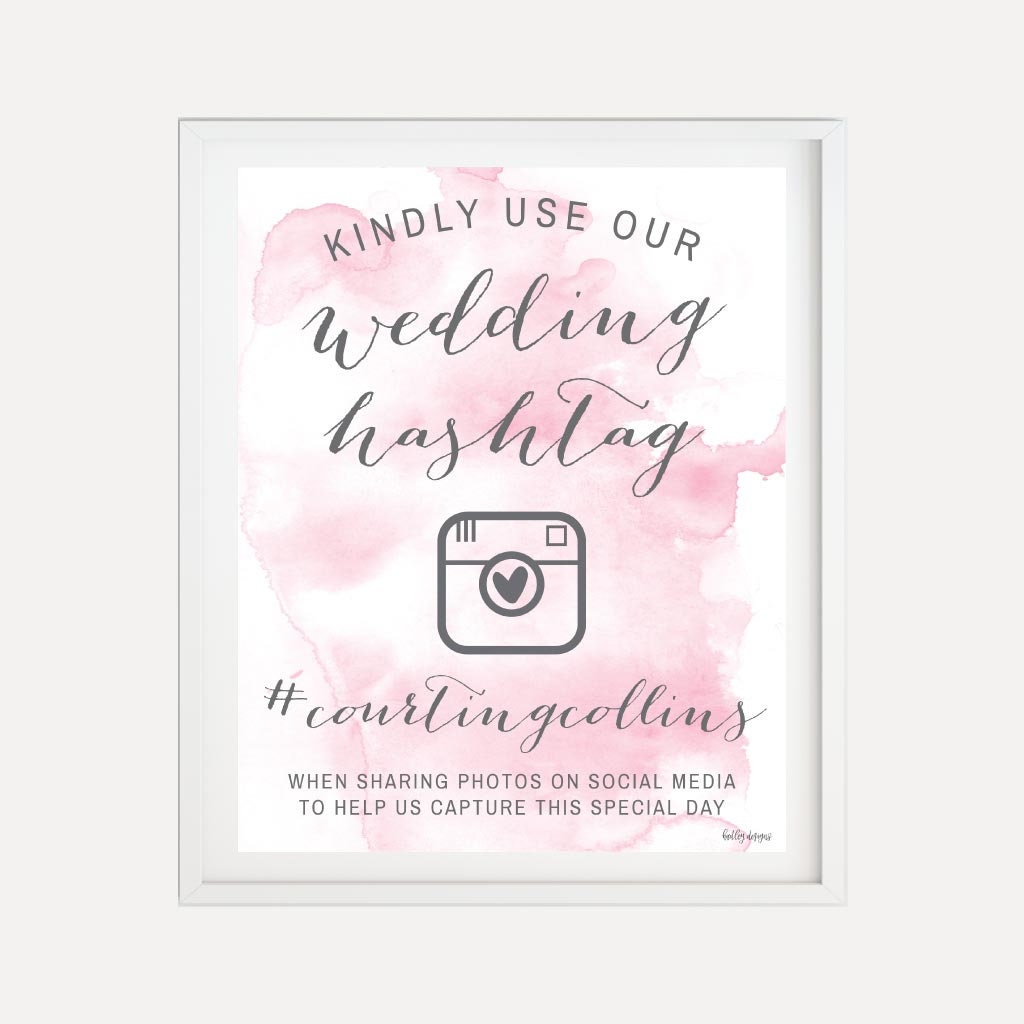 Grey Watercolour Lights Social Media Hashtag Photos Personalised Wedding Sign 