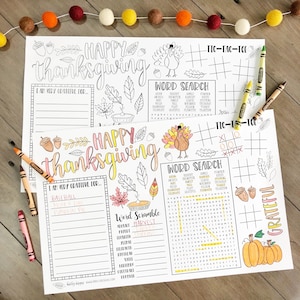 May include: A set of printable Thanksgiving activity sheets for kids. The sheets feature word searches, word scrambles, tic-tac-toe, and a "I am very grateful for" section. The sheets are decorated with fall colors and Thanksgiving-themed illustrations.