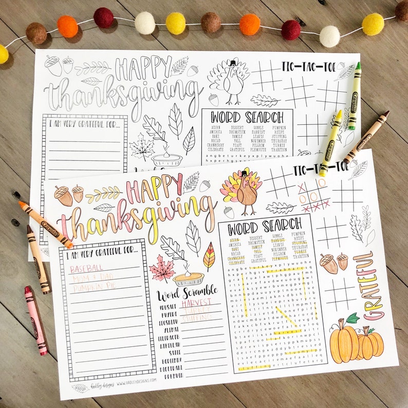 May include: A set of printable Thanksgiving activity sheets for kids. The sheets feature word searches, word scrambles, tic-tac-toe, and a "I am very grateful for" section. The sheets are decorated with fall colors and Thanksgiving-themed illustrations.