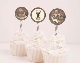 Oh Deer Girl Baby Shower Cupcake Toppers Template -Baby Shower Cupcake Decorations, DIY Printable Cupcake Topper, Party Cupcake Topper
