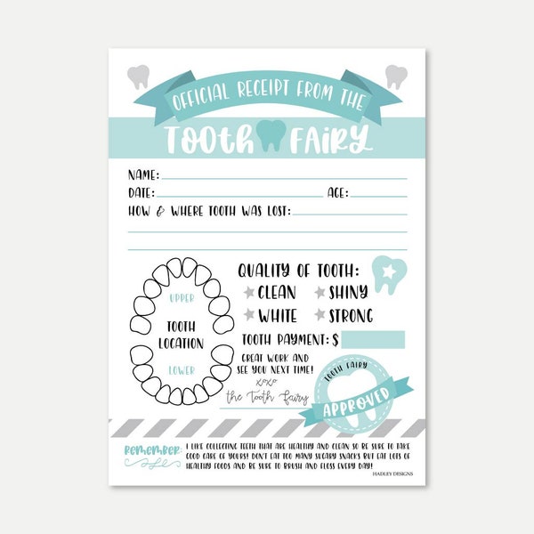 Tooth Fairy Receipt Printable, Lost First Tooth Certificate Template, Baby Tooth Record Chart Boy or Girl, Editable Tooth Fairy Report Idea