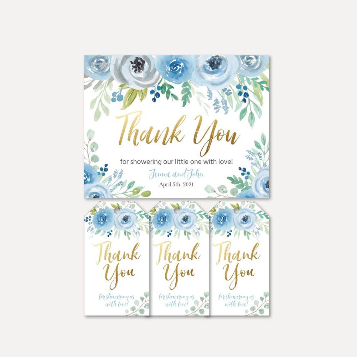 Blue Teal Floral Baby Shower Thank You Card and Favor Tags Templates ...