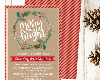 Christmas Party Invitation Template, Rustic Kraft Wreath Winter Printable Invite, Editable Text Instant Download DIY Holiday Invite PDF