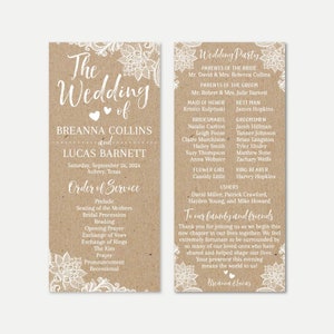 Modèle de programme de mariage rustique en dentelle Kraft - Programmes Designs, Programmes de mariage Téléchargement instantané, Modèle de format de programme de mariage