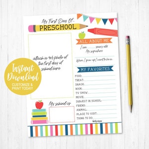 Puede incluir: Un libro de recuerdos imprimible para el primer d&iacute;a de preescolar con un dise&ntilde;o colorido. La p&aacute;gina incluye un espacio para una foto, una secci&oacute;n para la edad y la firma del ni&ntilde;o, y una lista de favoritos.