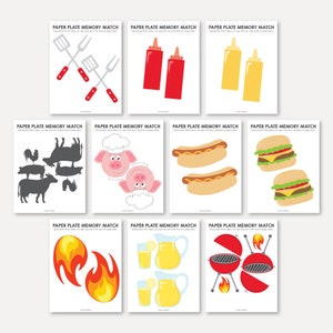 Thème de barbecue de jeu d'association de mémoire imprimable, jeux de mémoire de camping d'arrière-cour pour des enfants, cartes de jeu de barbecue de barbecue, activité de match d'image