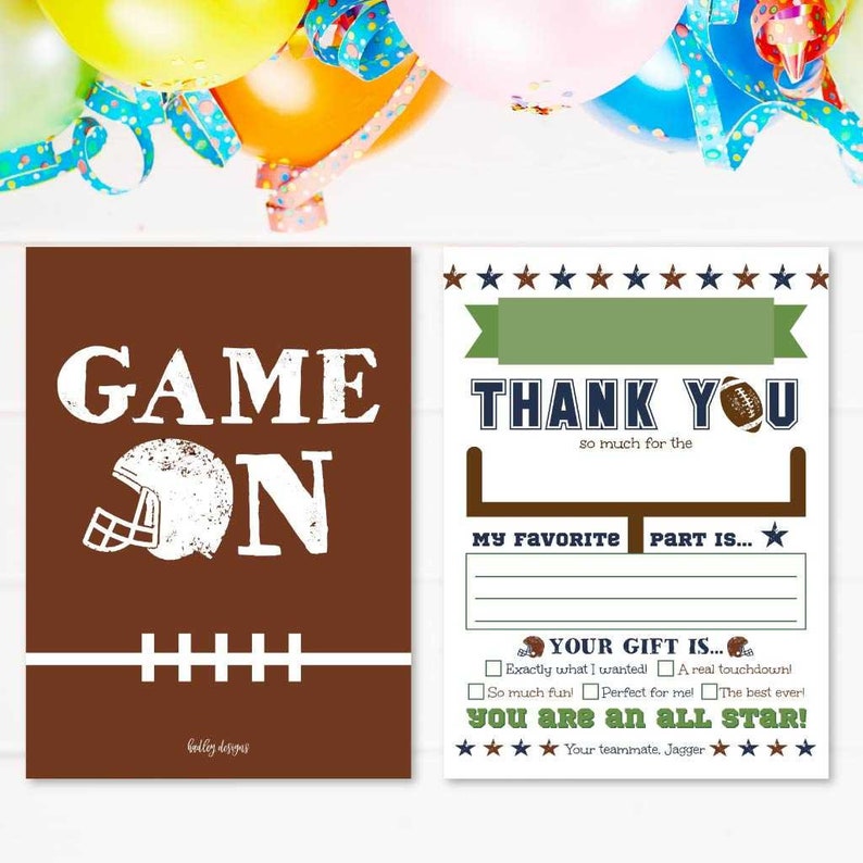 Football Thank You Card Instant Download,Football Thank You Note Printable Football Kids Party Fill In The Blank Thank You Card Template