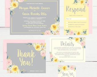 Yellow Floral Wedding Invitation Template, Spring Modern Pink Printable Invite Suite, Editable Text Instant Download DIY Invites Set PDF