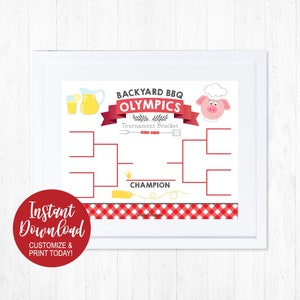 Op de afbeelding: Een printbaar toernooischema voor de Backyard BBQ Olympics met een rood-wit-blauw kleurenschema. Het schema toont een varken met een koksmuts, een kan limonade en een vork en mes.