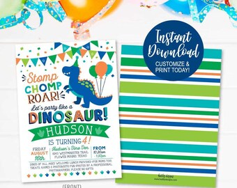 Pode incluir: Um convite imprimível para uma festa de aniversário com tema de dinossauros. O convite apresenta um dinossauro verde, azul e laranja com o texto "Stomp Chomp Roari! Let's party like a Dinosaur! Hudson is turning 4!" O convite também inclui a data, a hora e o local da festa.