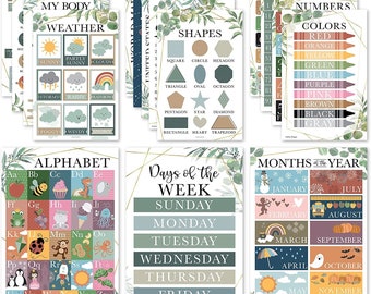 16 Greenery Kids Educational Posters For Toddlers - Pre K Learning Posters For Toddlers 1-3, Kindergarten Homeschool Supplies